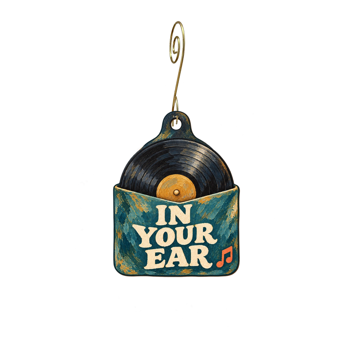 In Your Ear Music Emporium — Store identity custom wood ornament OC2917, photographic gold spiral hook