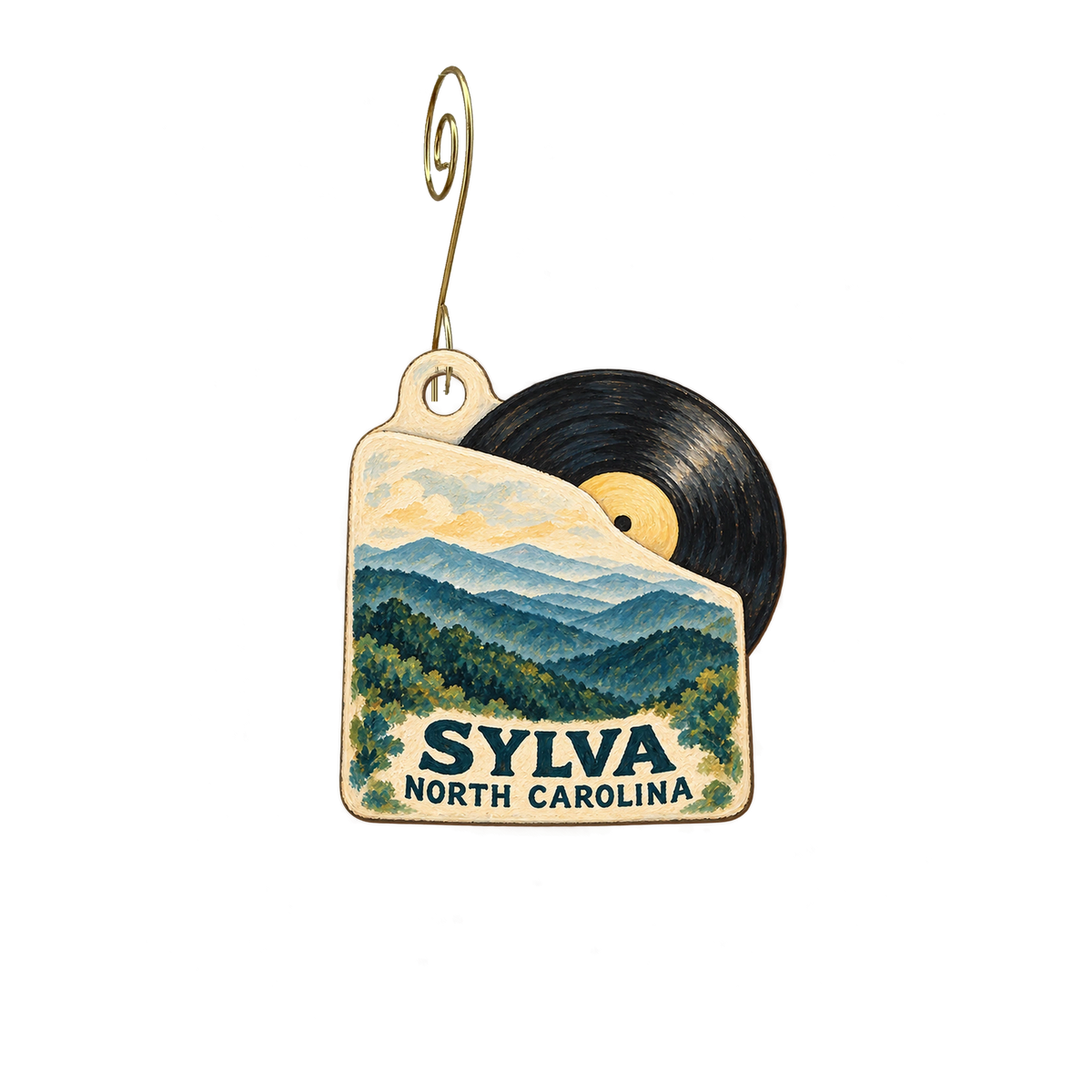 In Your Ear Music Emporium — Local inspiration custom wood ornament OC2919, photographic gold spiral hook