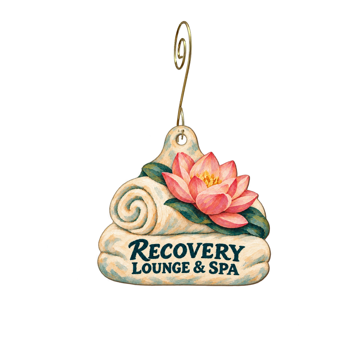 Recovery Lounge & Spa — Store identity custom wood ornament OC2920, photographic gold spiral hook