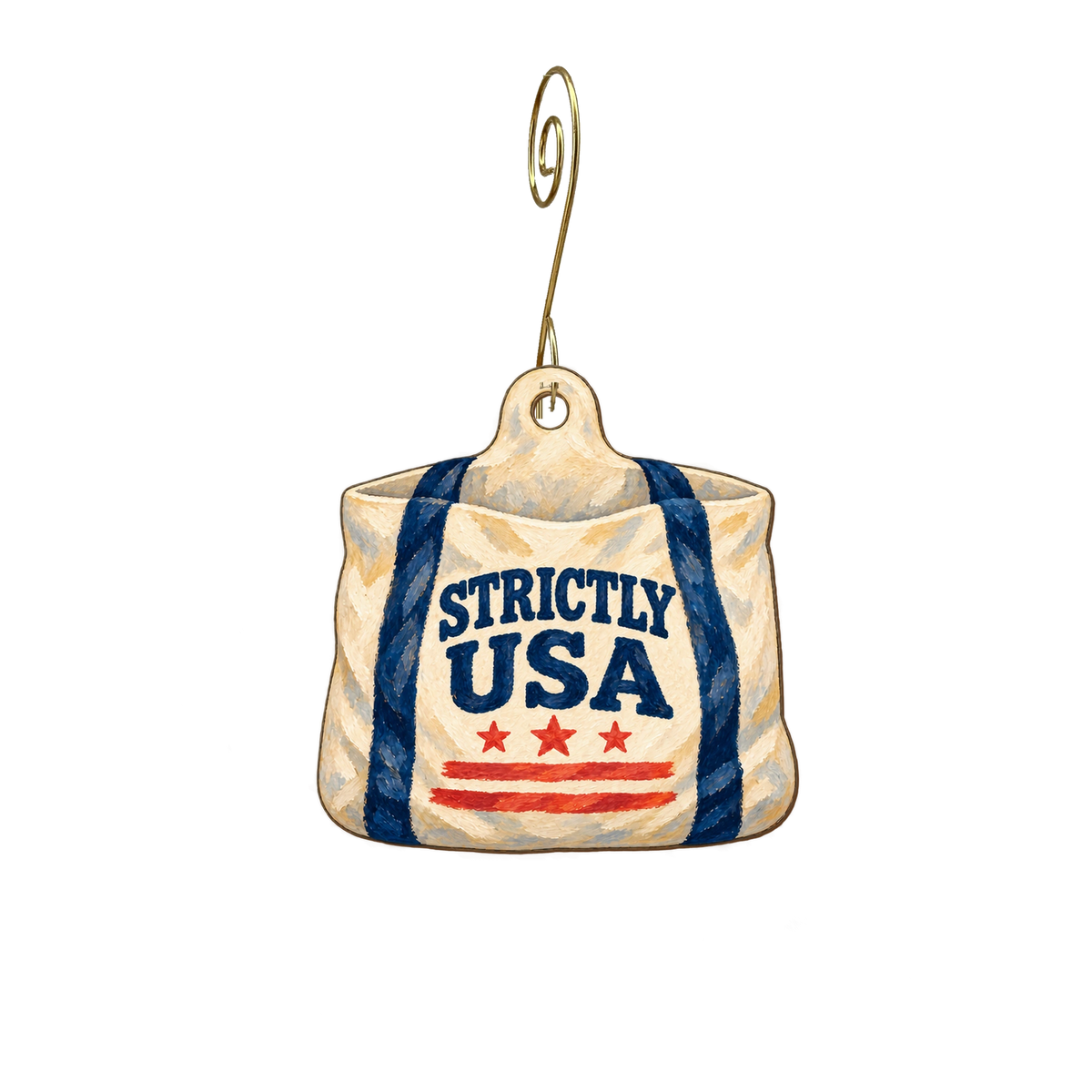 Strictly USA — Store identity custom wood ornament OC2923, photographic gold spiral hook