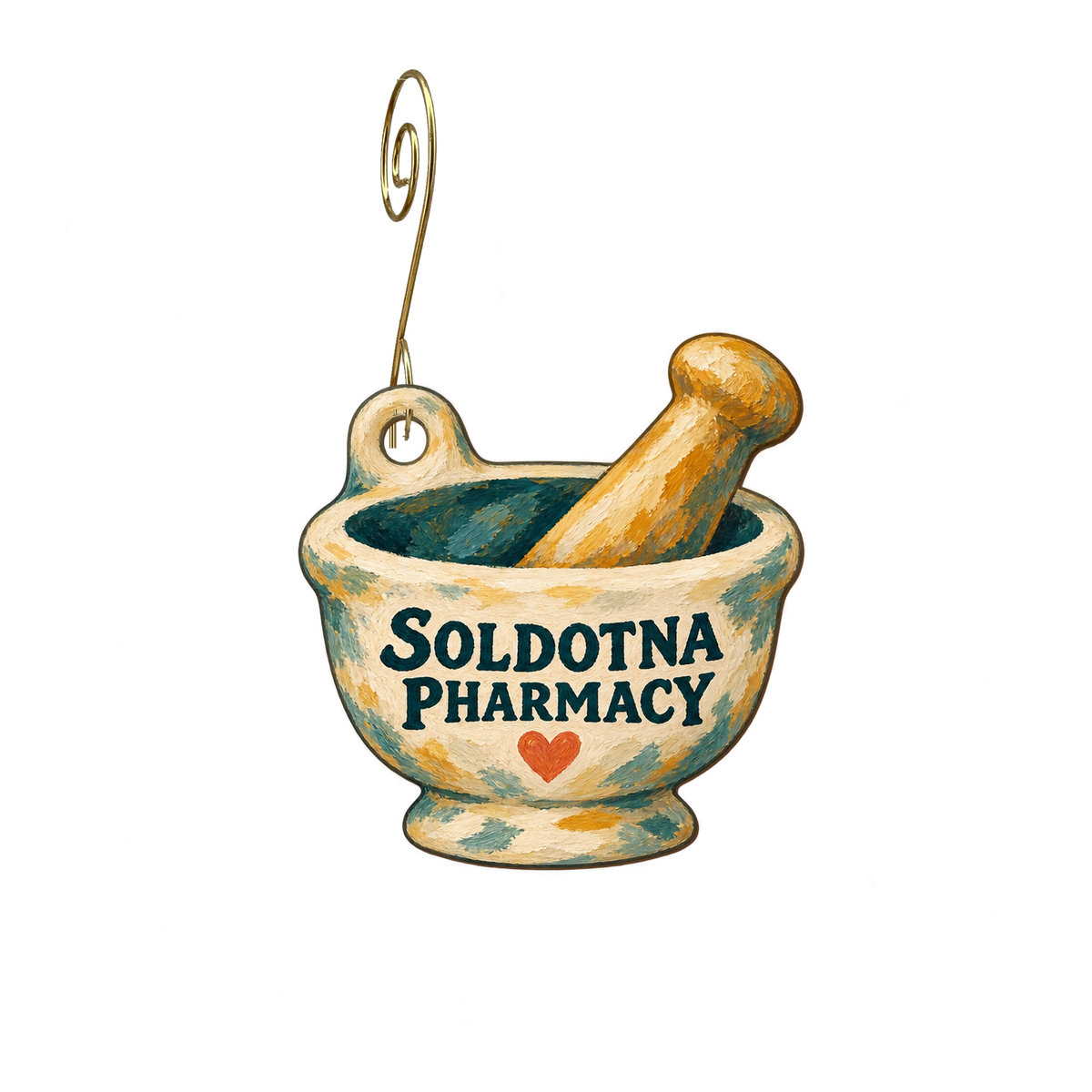 Soldotna Professional Pharmacy — Store identity custom wood ornament OC2926, photographic gold spiral hook