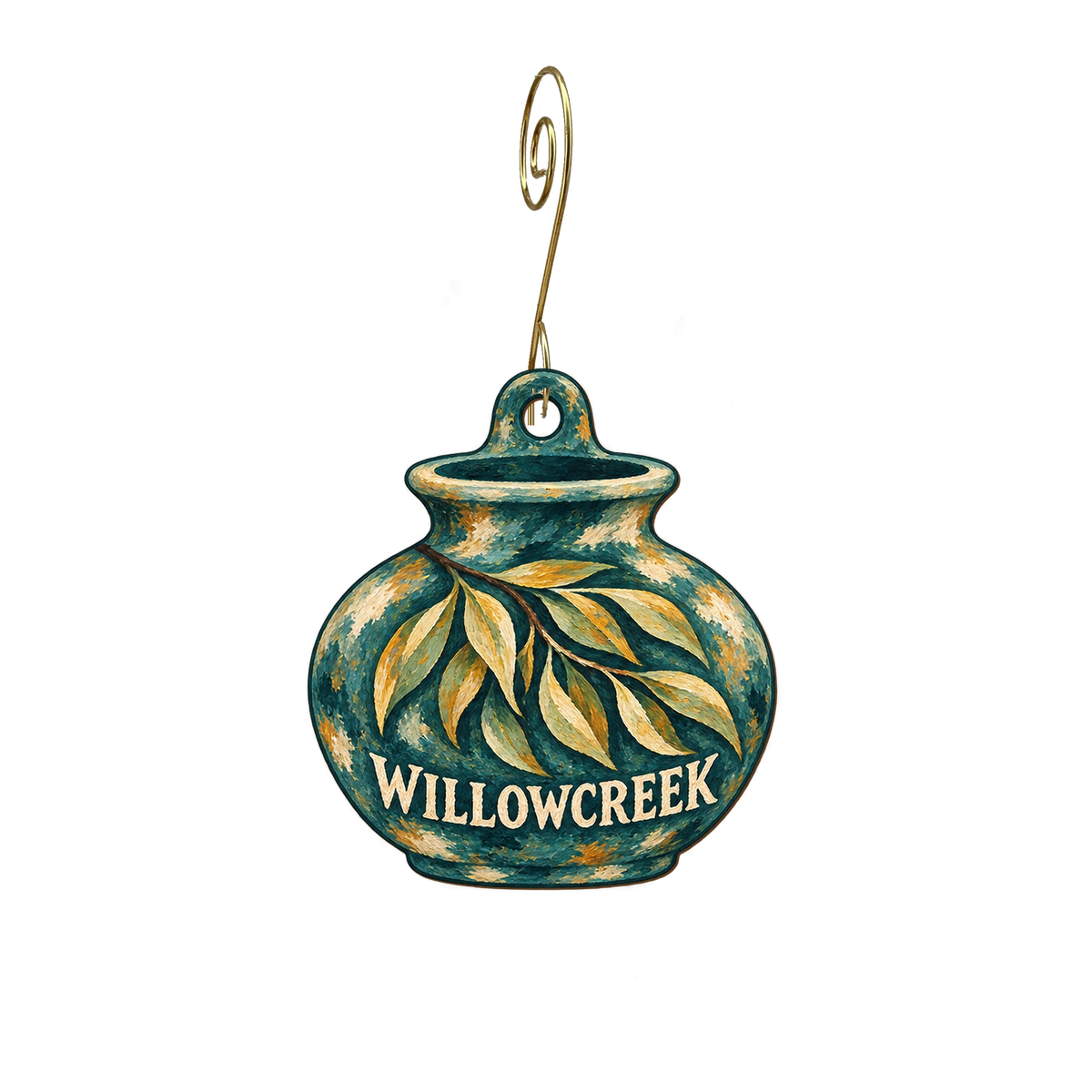 WillowCreek Gifts — Store identity custom wood ornament OC2929, photographic gold spiral hook