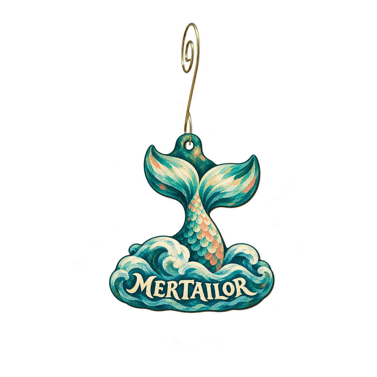 Mertailor — Store identity custom wood ornament OC2932, photographic gold spiral hook
