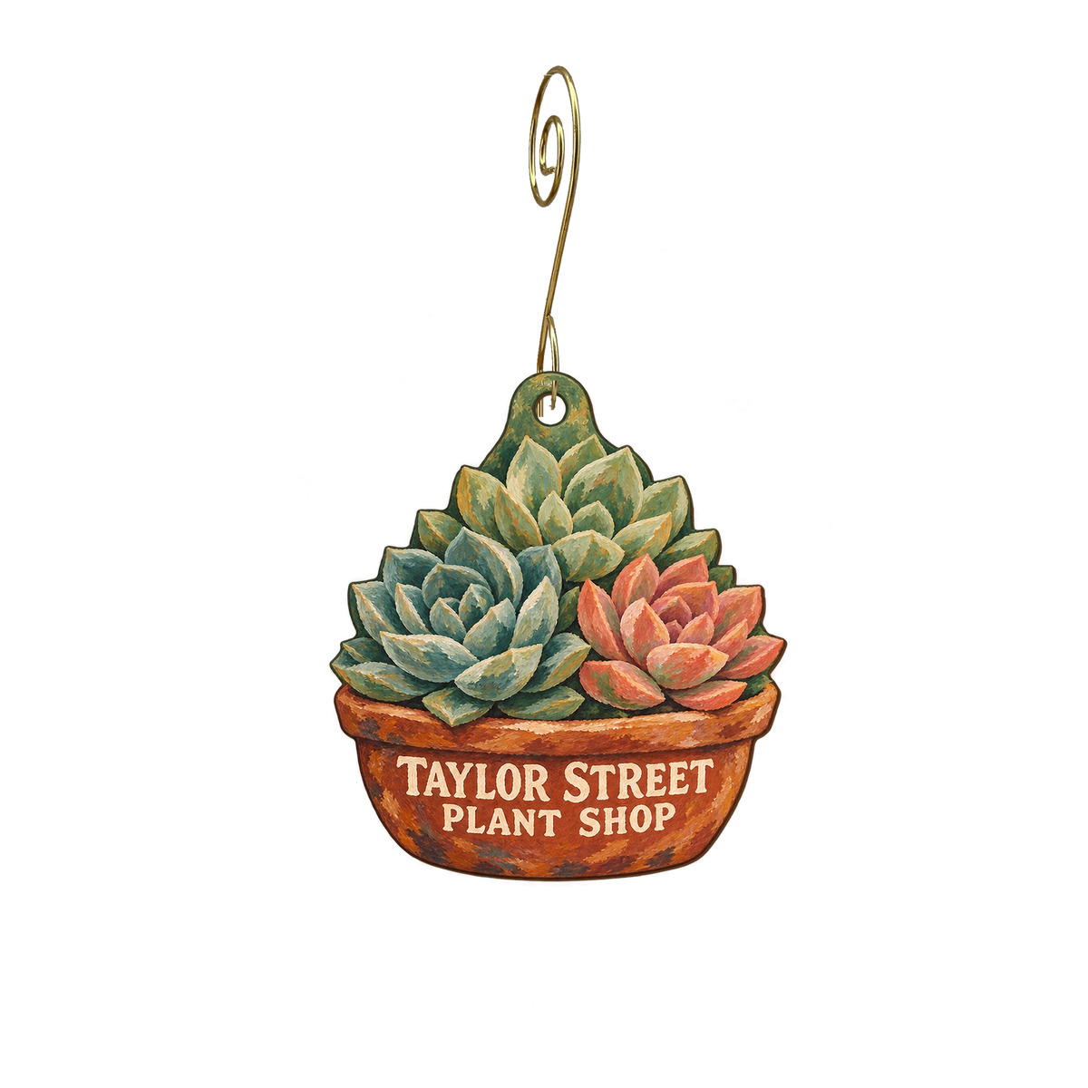 Taylor Street Plant Shop — Store identity custom wood ornament OC2935, photographic gold spiral hook