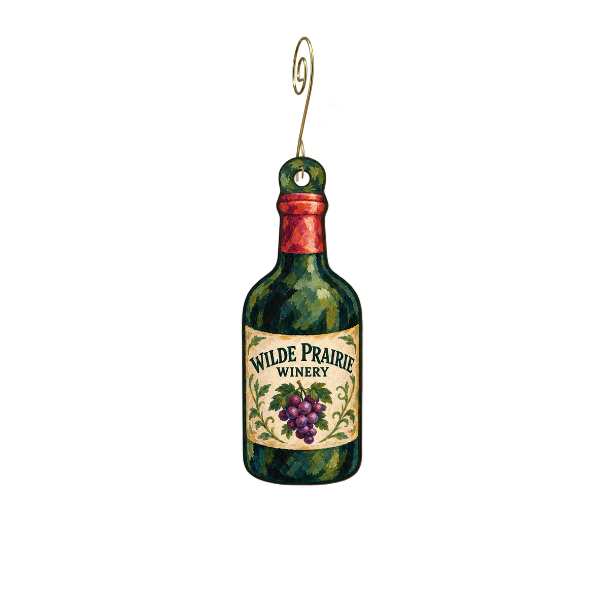 Wilde Prairie Winery — Store identity custom wood ornament OC2938, photographic gold spiral hook