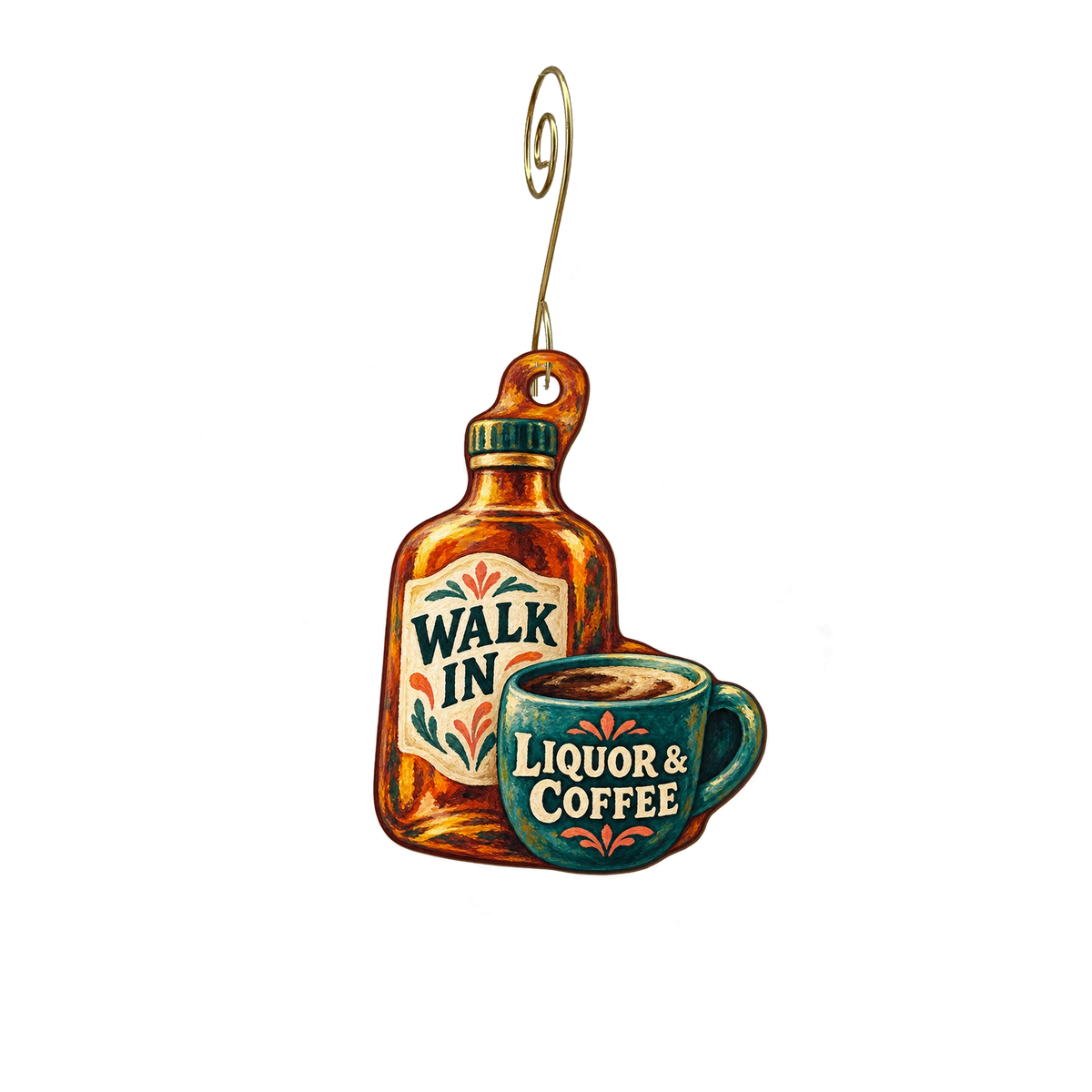 Walk In Liquor — Store identity custom wood ornament OC2941, photographic gold spiral hook