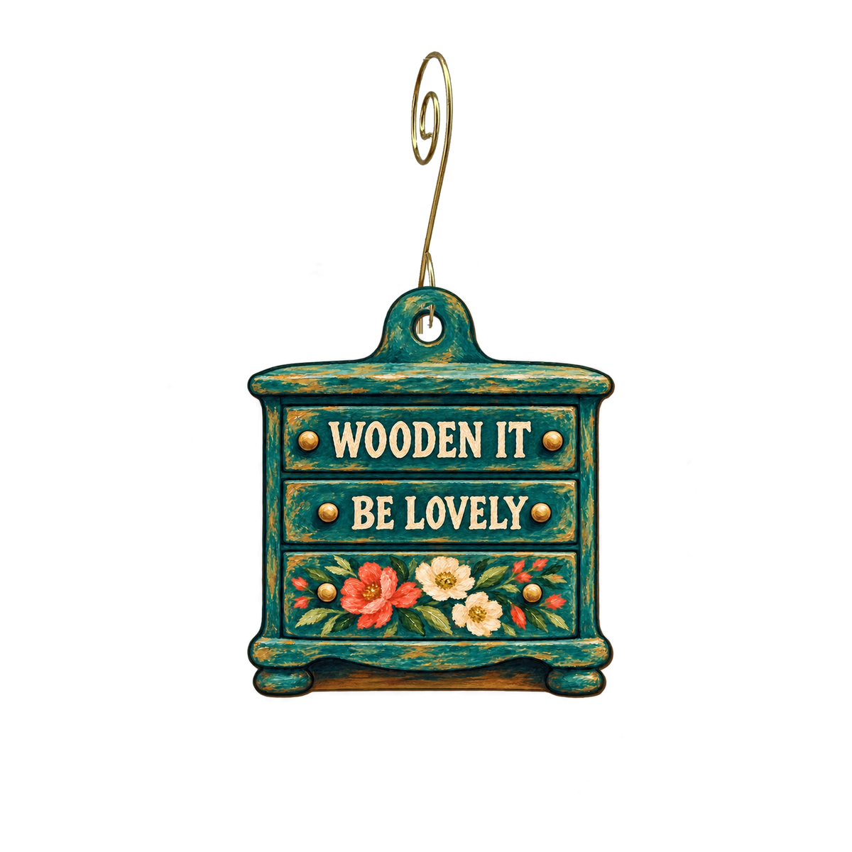 Wooden It Be Lovely — Store identity custom wood ornament OC2944, photographic gold spiral hook