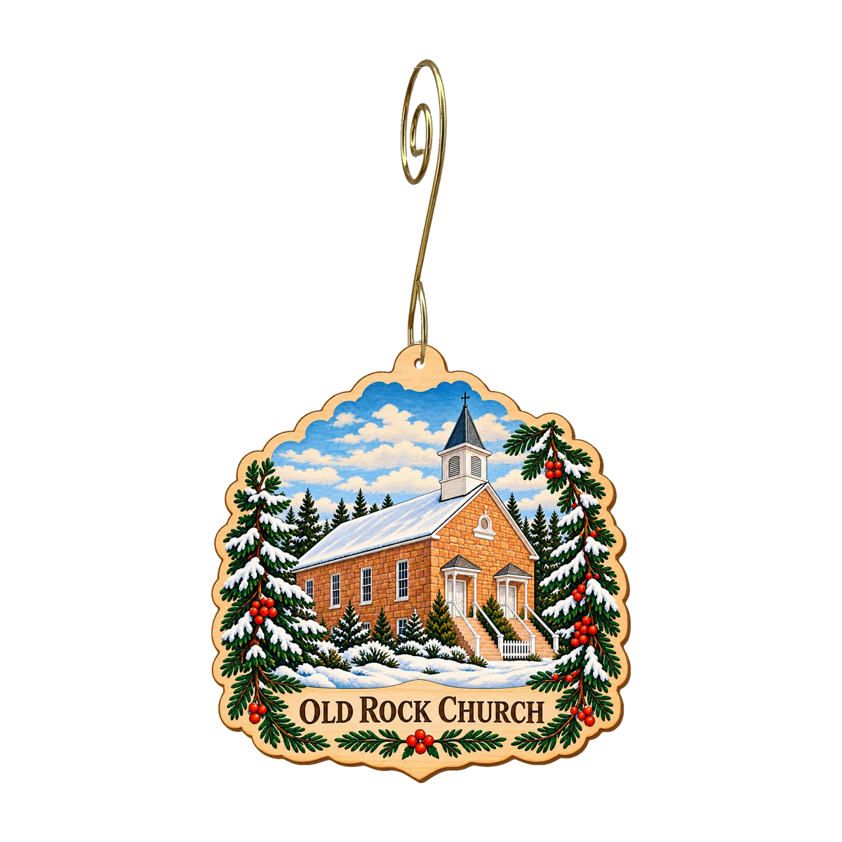 Old Rock Church mountain-free ornament design 2, OC2948, gold hanging hook