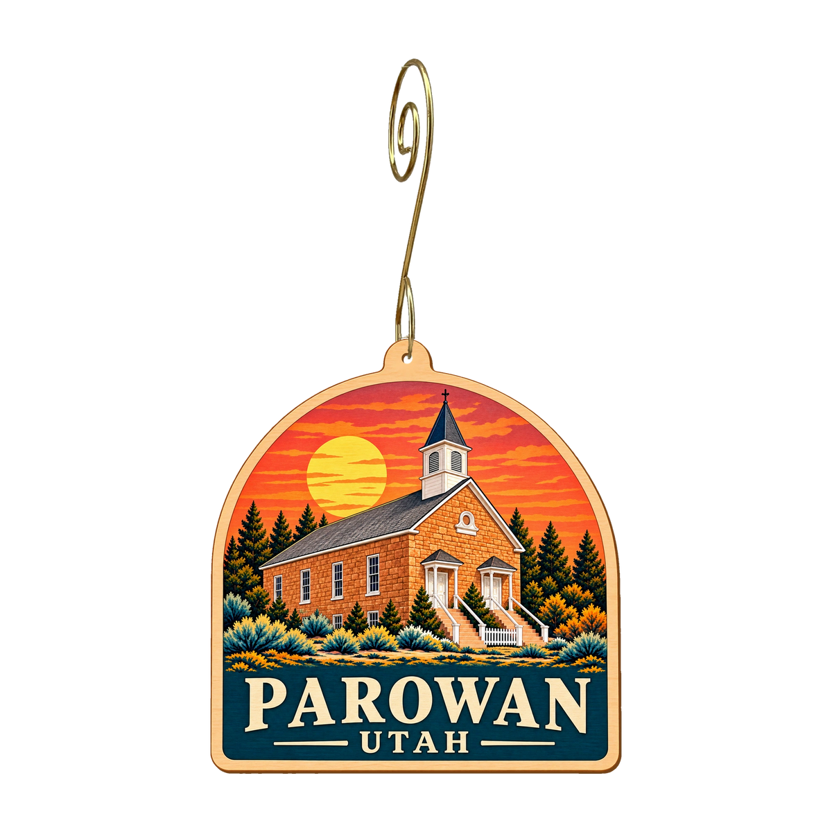Old Rock Church mountain-free ornament design 3, OC2949, gold hanging hook