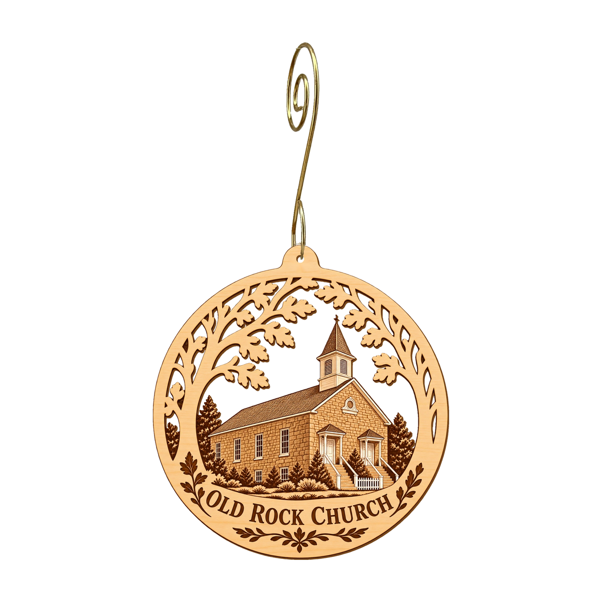 Old Rock Church mountain-free ornament design 4, OC2950, gold hanging hook
