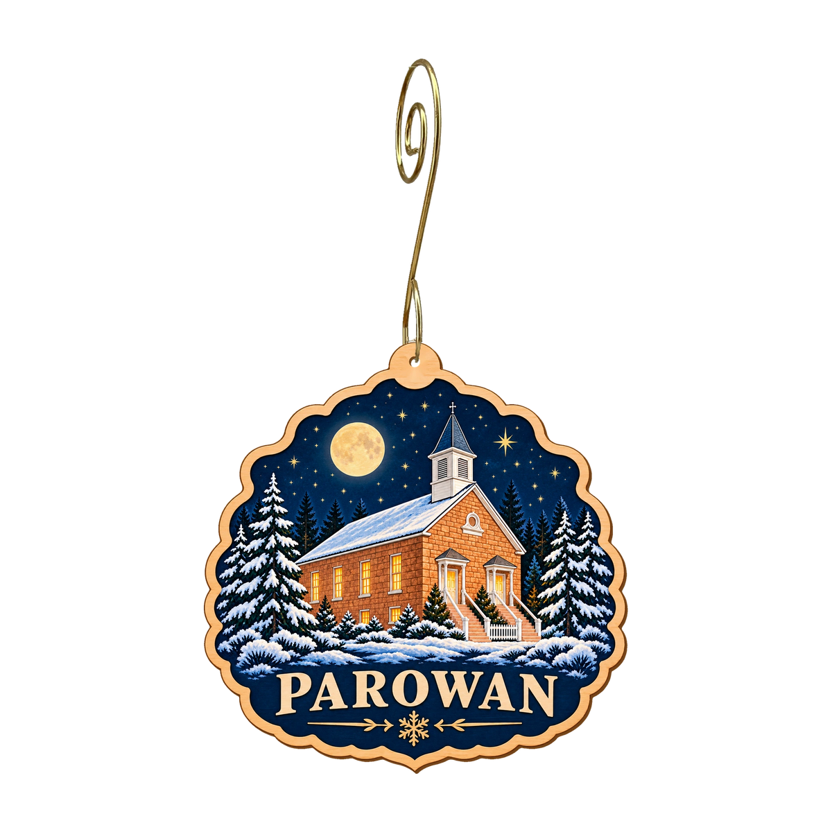 Old Rock Church mountain-free ornament design 5, OC2951, gold hanging hook