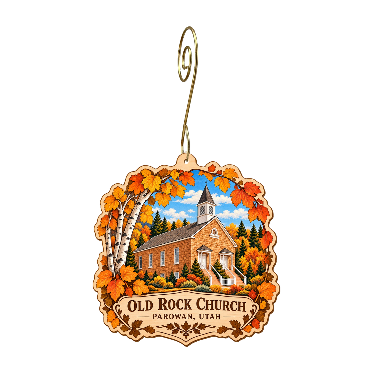 Old Rock Church mountain-free ornament design 6, OC2952, gold hanging hook