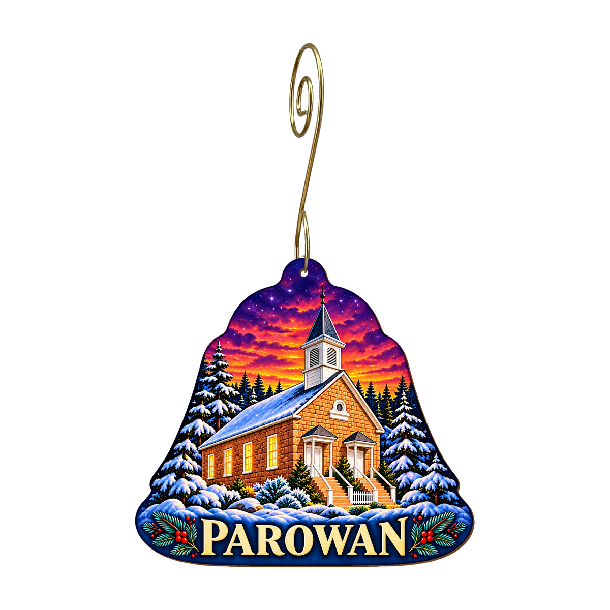 Old Rock Church mountain-free ornament design 7, OC2953, gold hanging hook