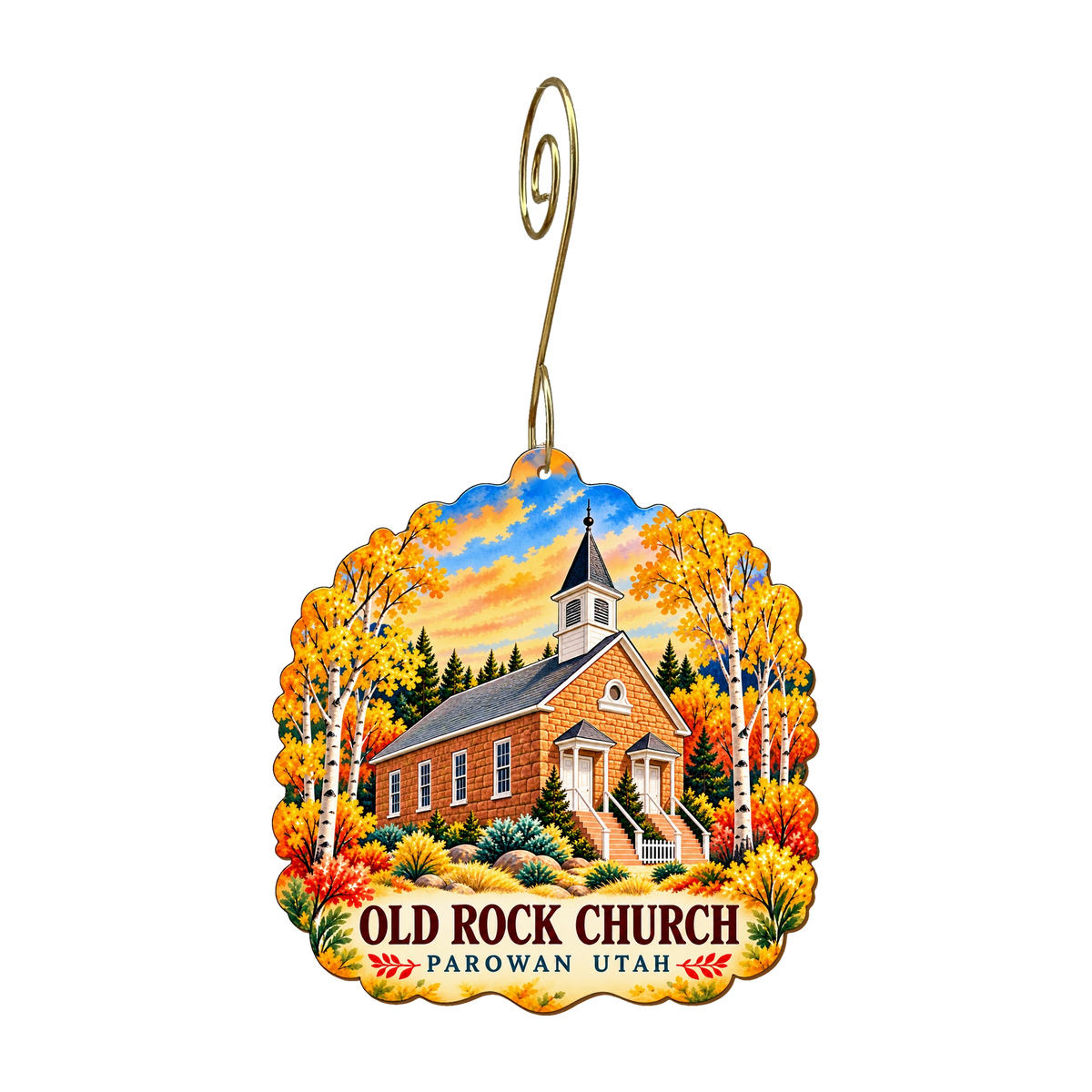 Old Rock Church mountain-free ornament design 8, OC2954, gold hanging hook