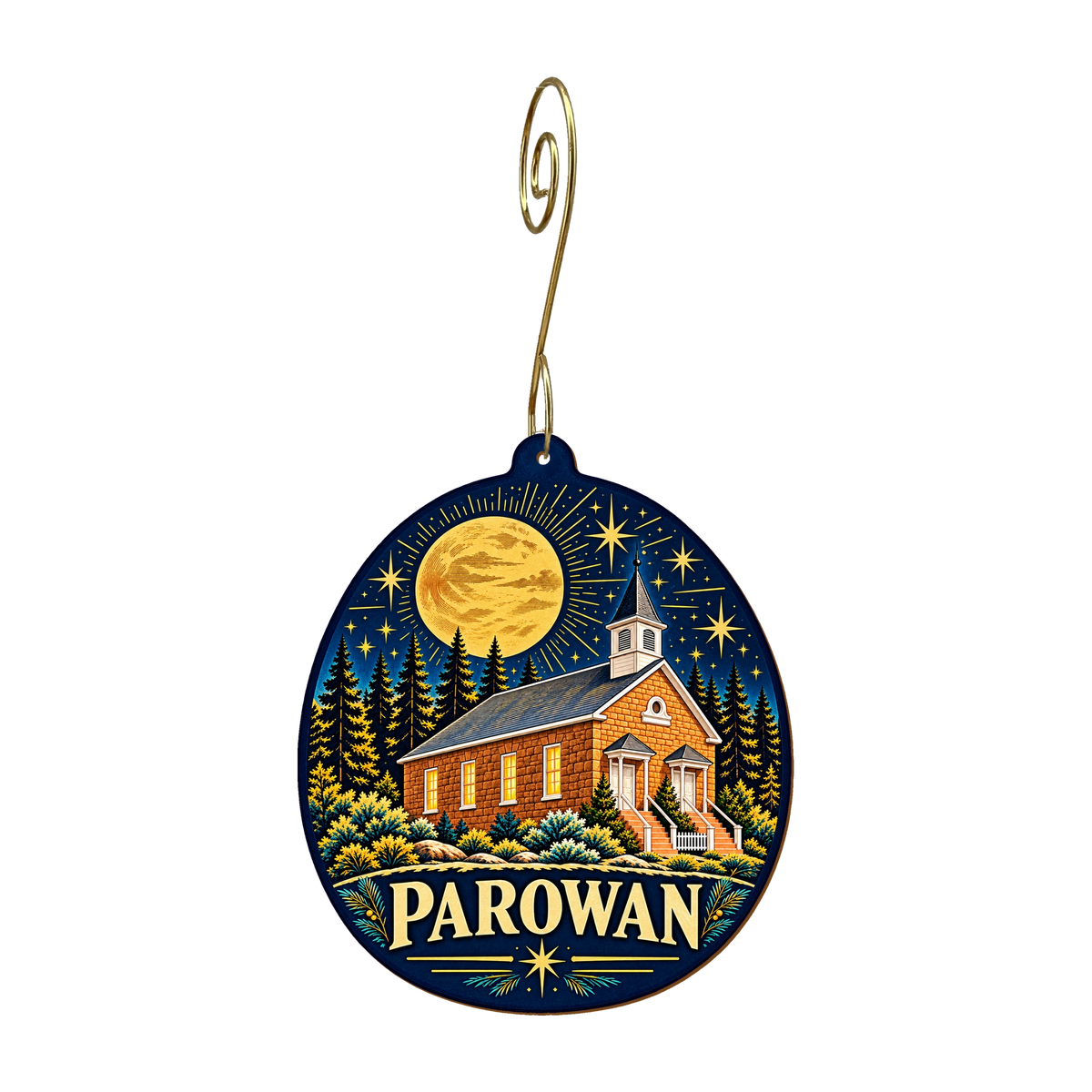 Old Rock Church mountain-free ornament design 9, OC2955, gold hanging hook