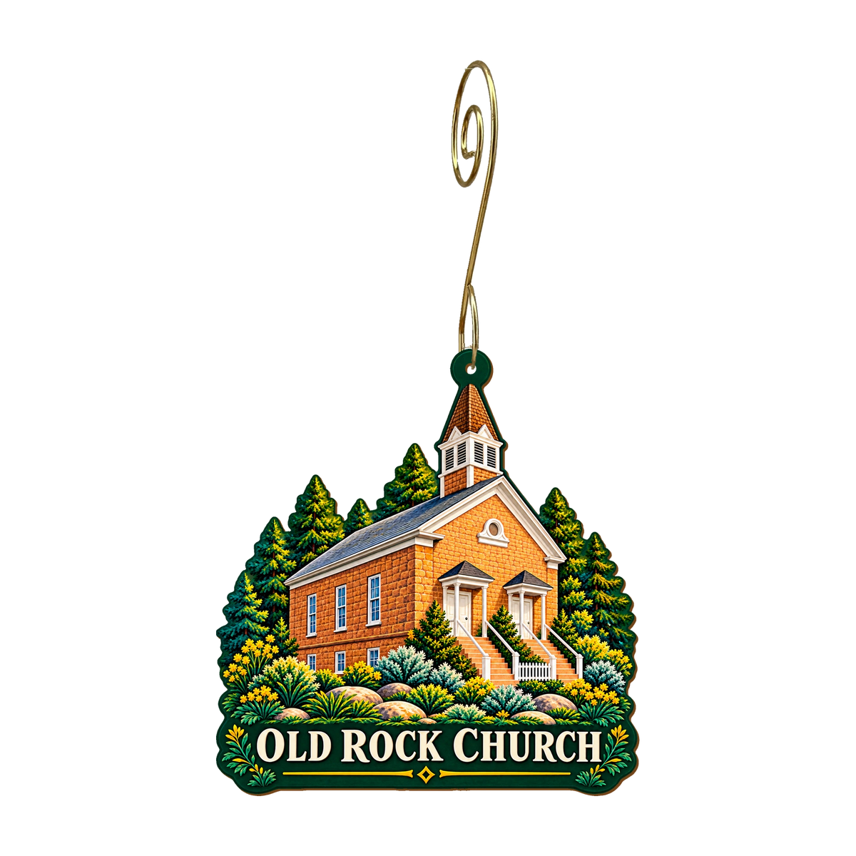 Old Rock Church mountain-free ornament design 11, OC2957, gold hanging hook
