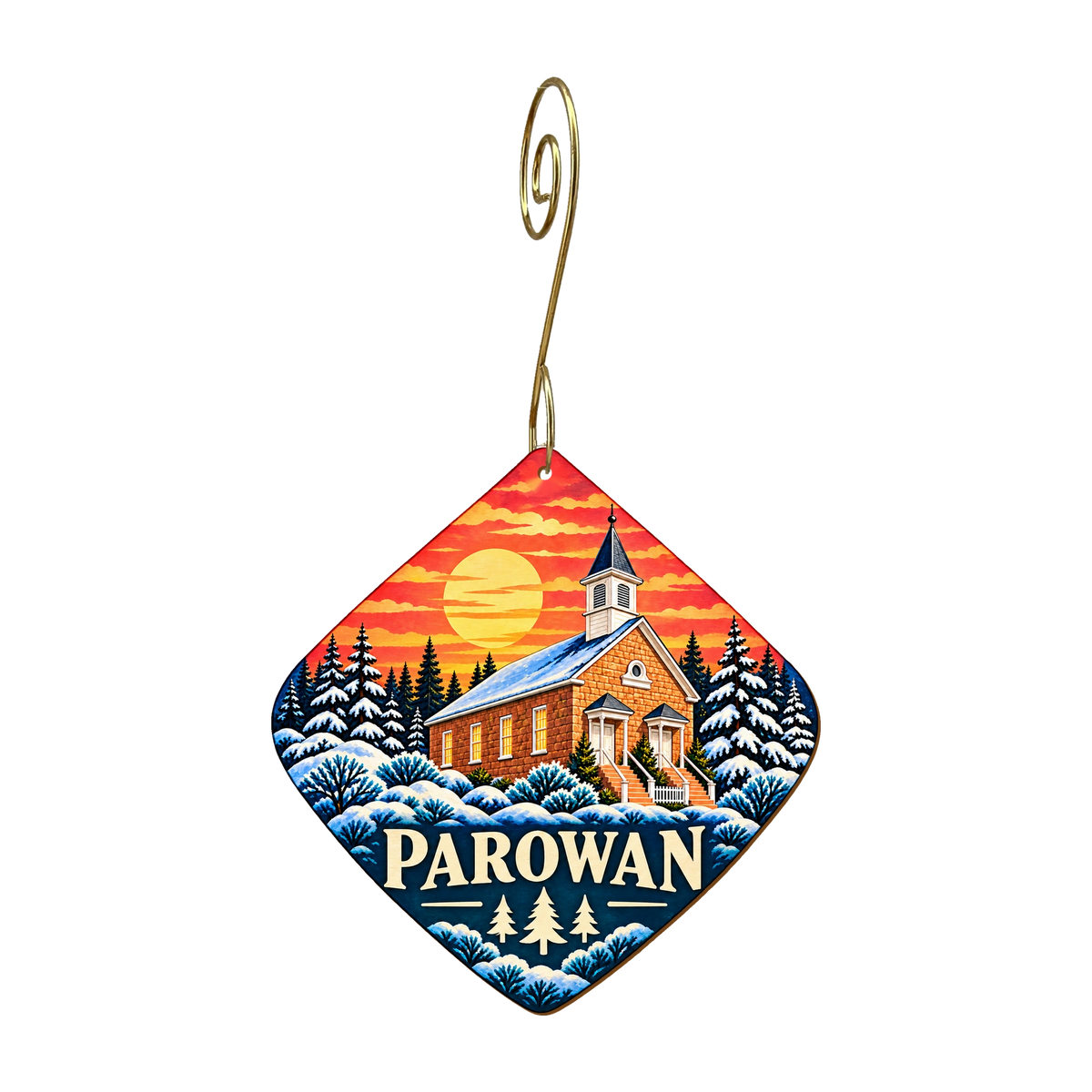 Old Rock Church mountain-free ornament design 12, OC2958, gold hanging hook