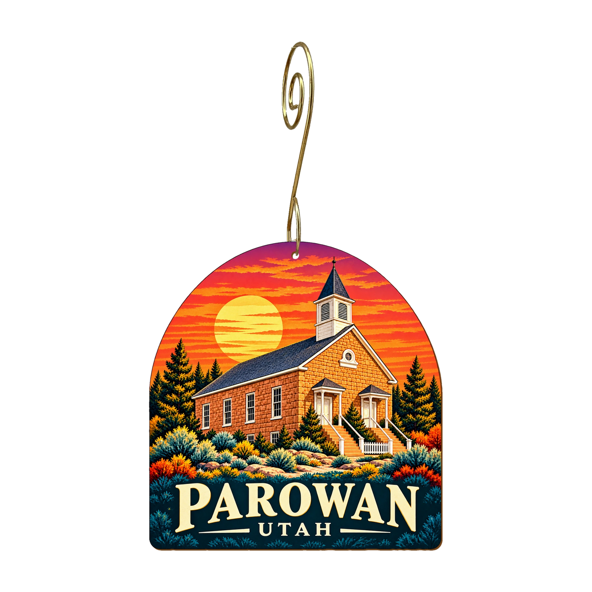 Old Rock Church mountain-free ornament design 13, OC2959, gold hanging hook
