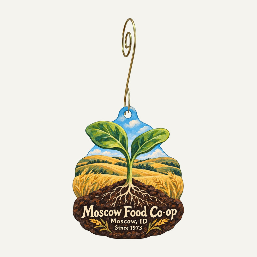 Moscow Food Co-op Logo custom wood ornament OC296 hanging on hook