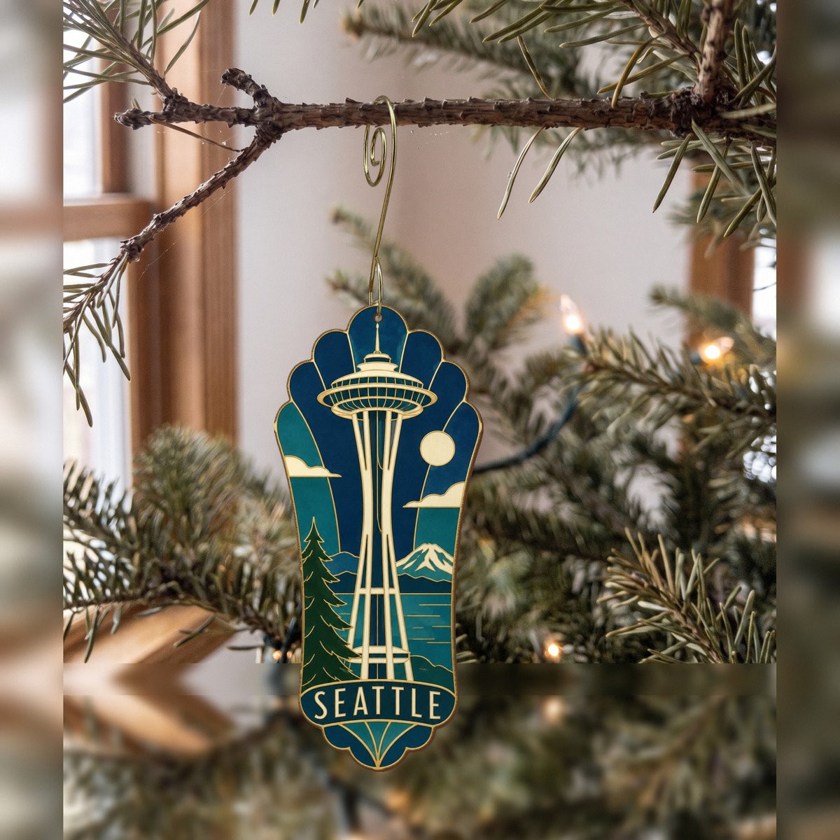 WA Seattle Cloisonné-Inspired Graphic Custom Wood Ornament (OC29)