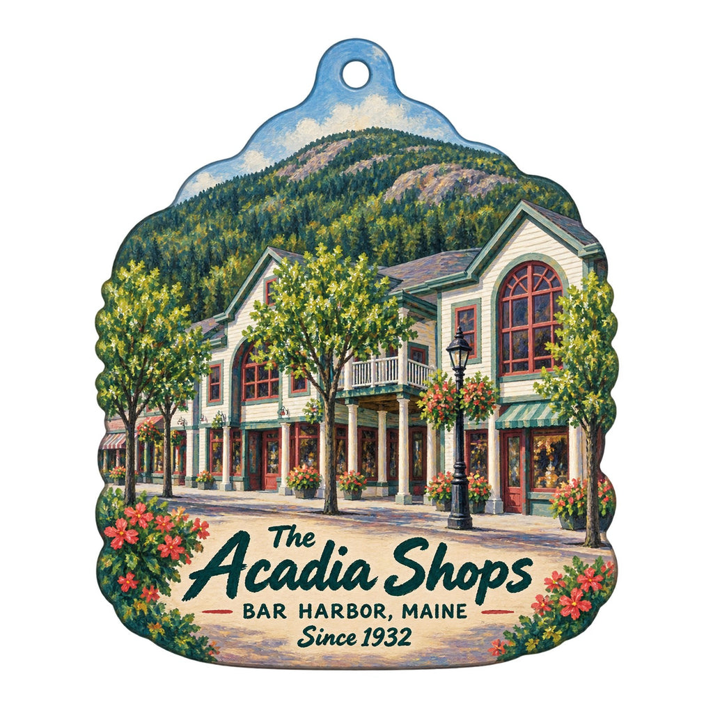 The Acadia Corporation / The Acadia Shops Logo custom wood ornament OC302 on white