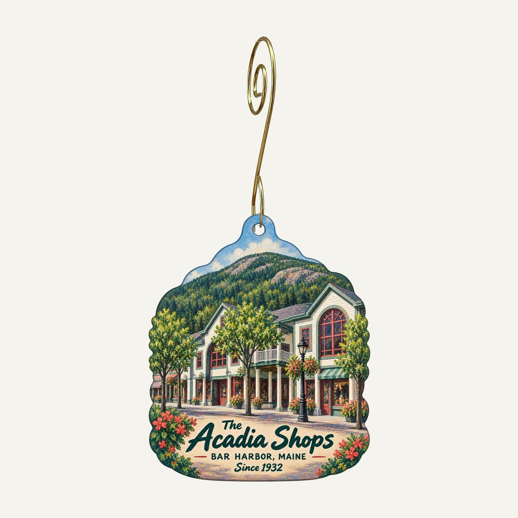 The Acadia Corporation / The Acadia Shops Logo custom wood ornament OC302 hanging on hook