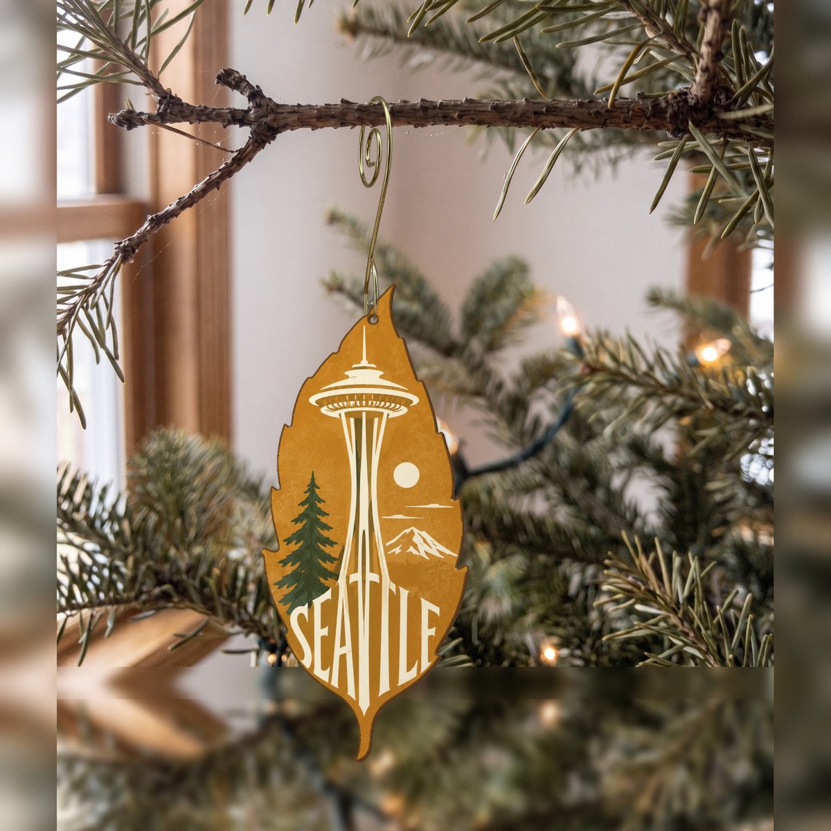 WA Seattle Typographic Illustration Custom Wood Ornament (OC30)