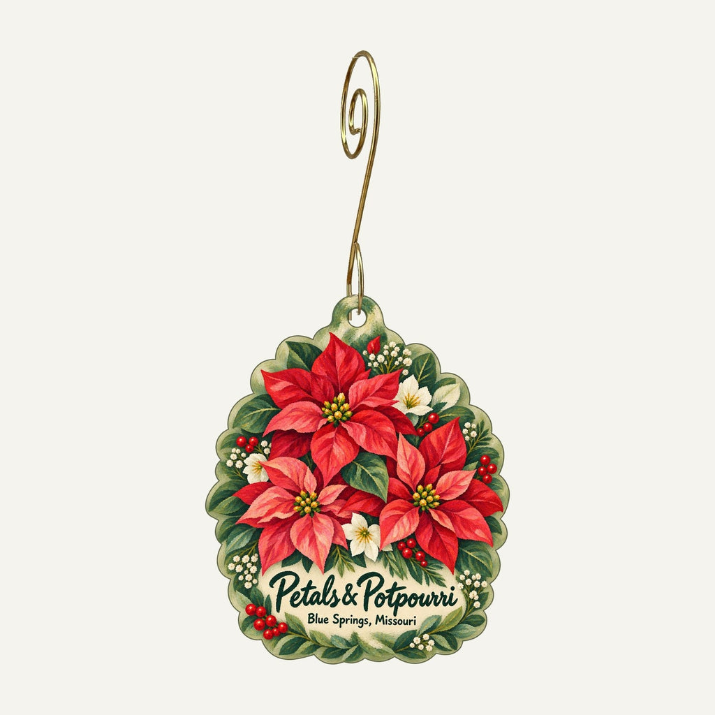 Petals & Potpourri Logo custom wood ornament OC314 hanging on hook