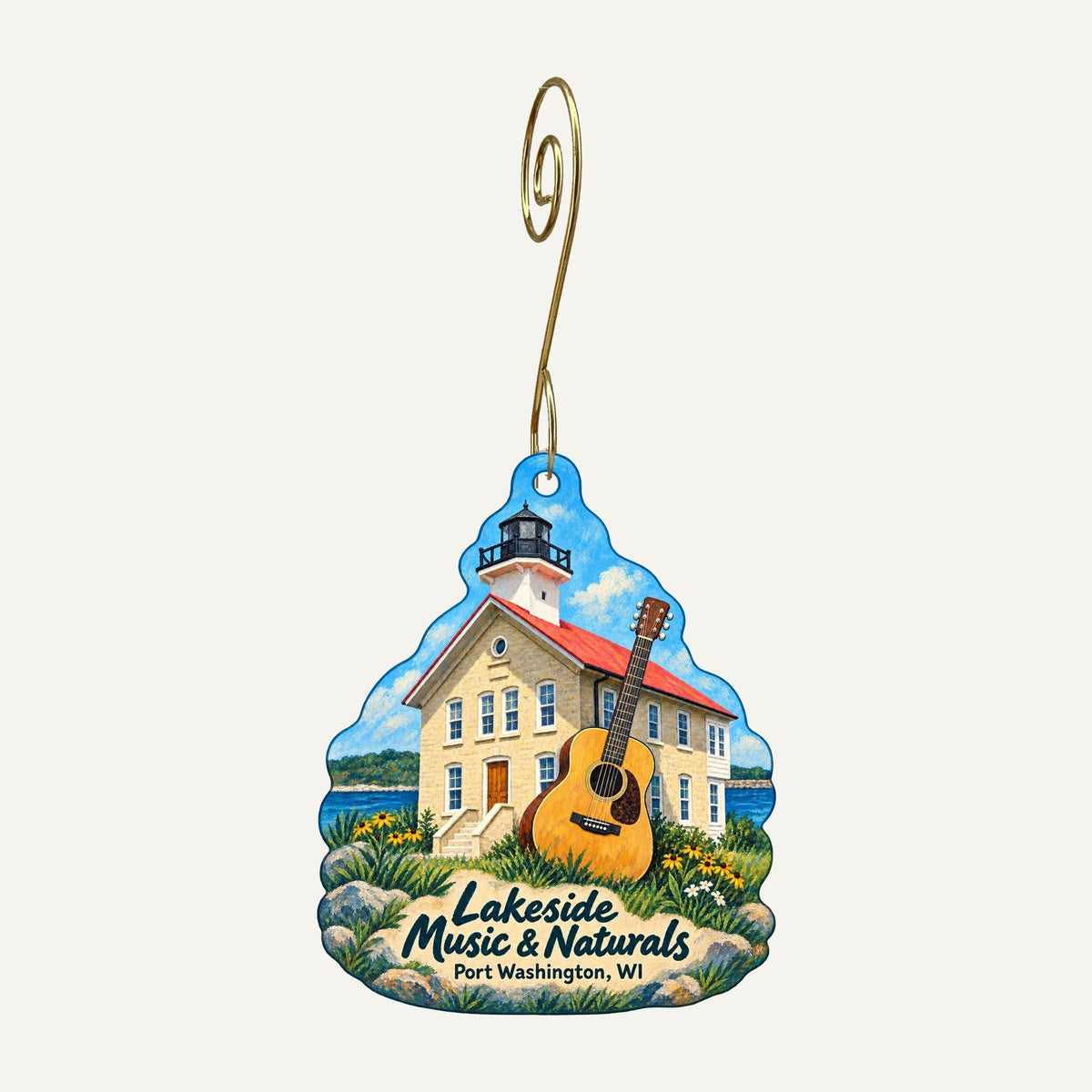 Lakeside Music & Naturals Logo custom wood ornament OC317 hanging on hook