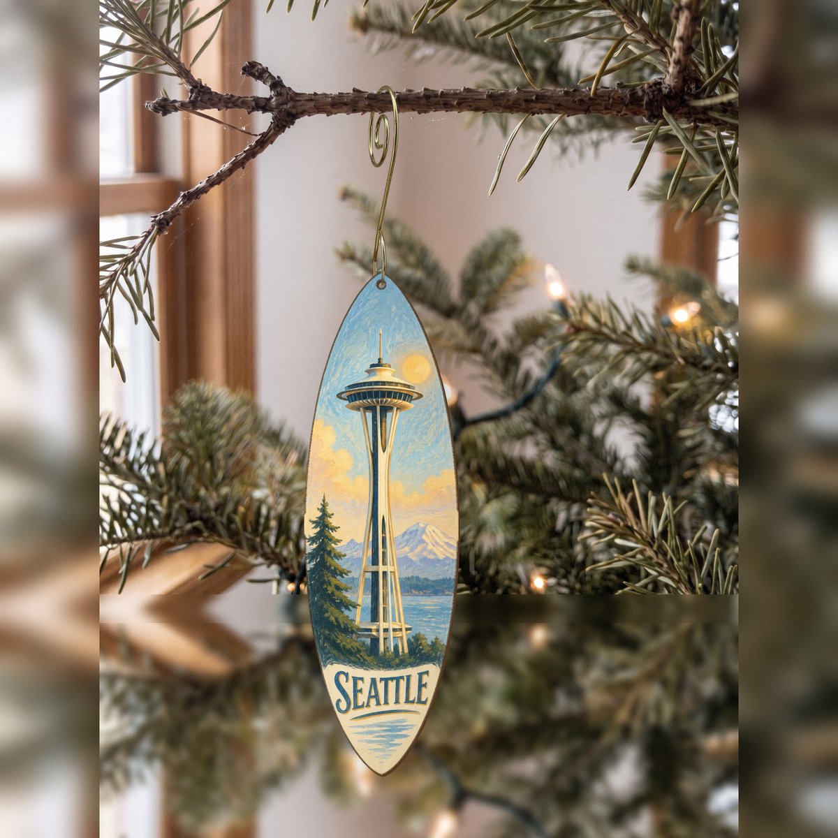 WA Seattle Colored Pencil over Gouache Custom Wood Ornament (OC31)