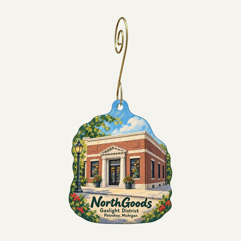 NorthGoods Logo custom wood ornament OC320 hanging on hook