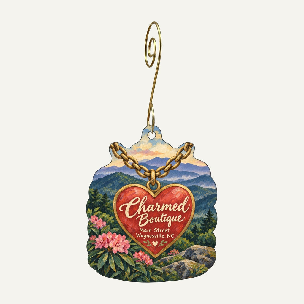 Charmed Boutique Logo custom wood ornament OC329 hanging on hook