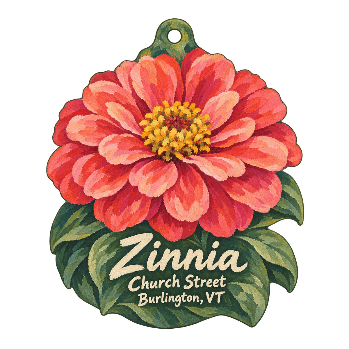 Zinnia Burlington Logo custom wood ornament OC332 on white