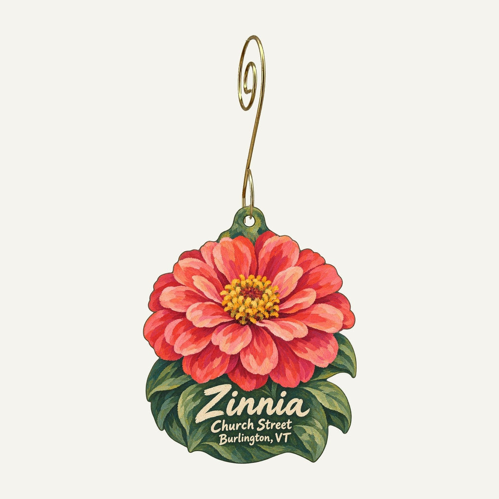 Zinnia Burlington Logo custom wood ornament OC332 hanging on hook