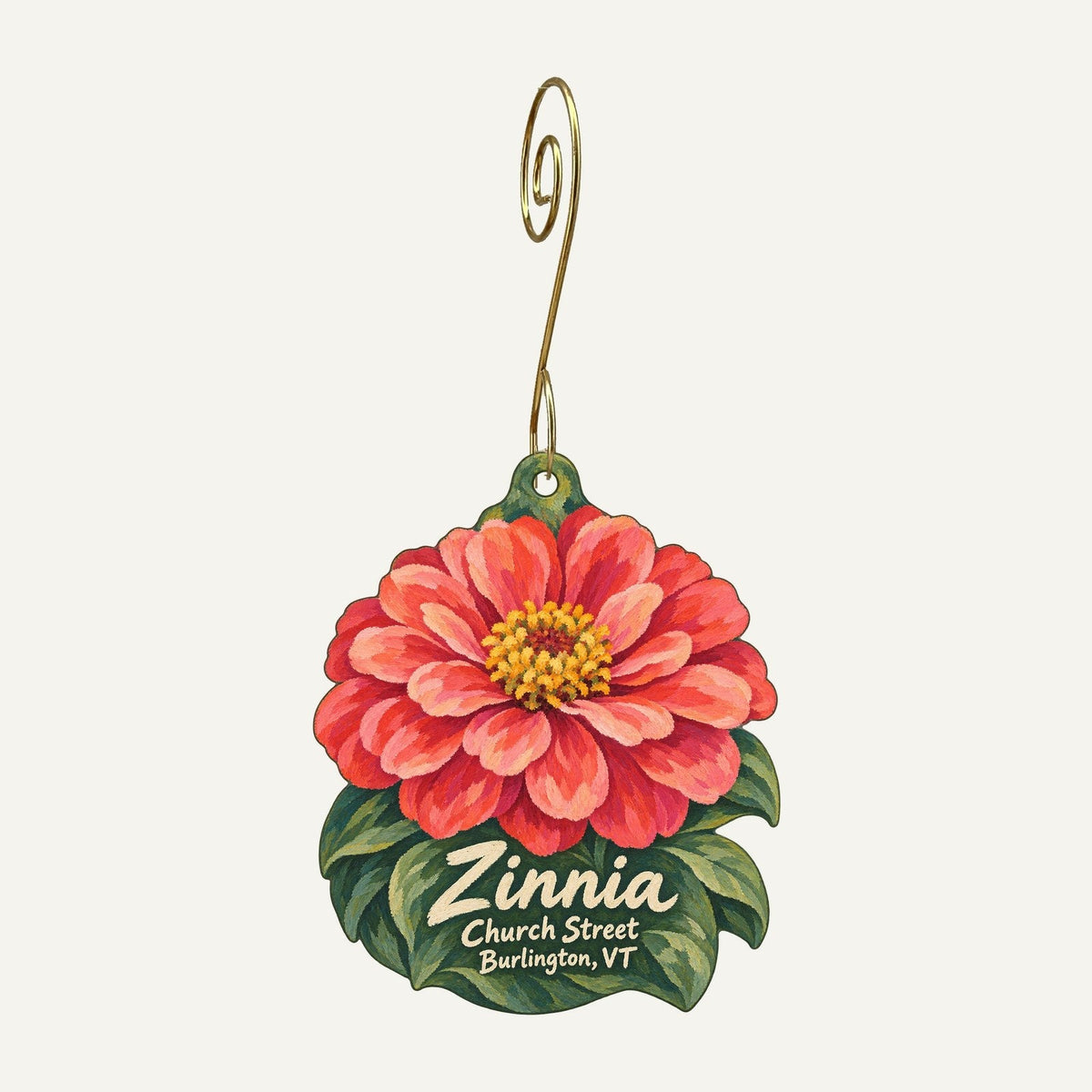Zinnia Burlington Logo custom wood ornament OC332 hanging on hook