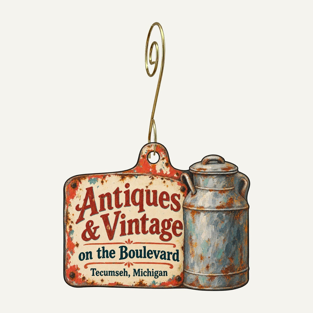 Antiques & Vintage on the Boulevard Logo custom wood ornament OC335 hanging on hook