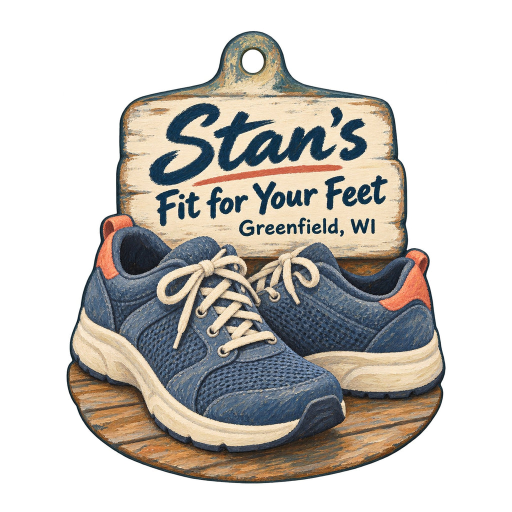 Stan's Fit for Your Feet Logo custom wood ornament OC338 on white