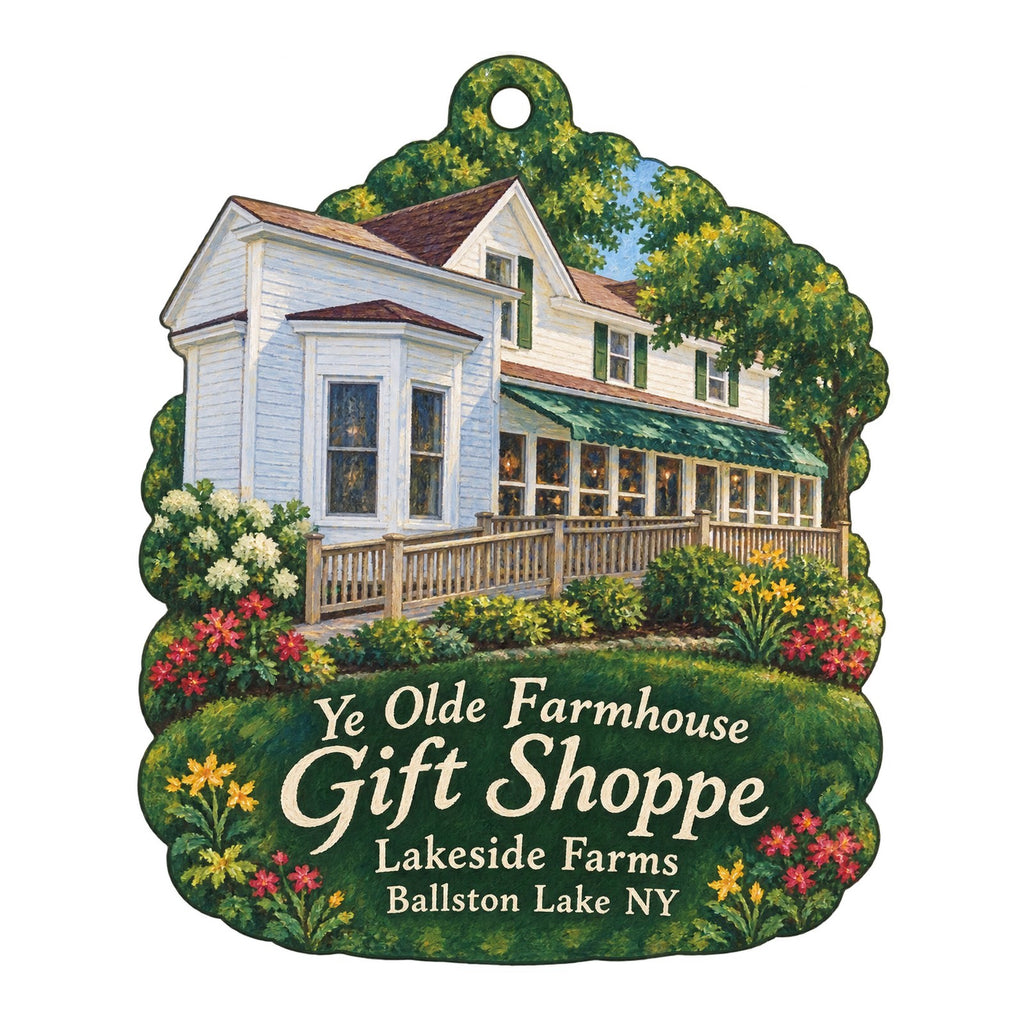 Ye Olde Farmhouse Gift Shoppe at Lakeside Farms Logo custom wood ornament OC341 on white