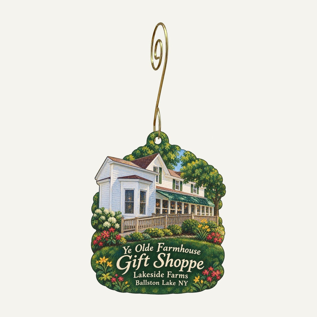 Ye Olde Farmhouse Gift Shoppe at Lakeside Farms Logo custom wood ornament OC341 hanging on hook