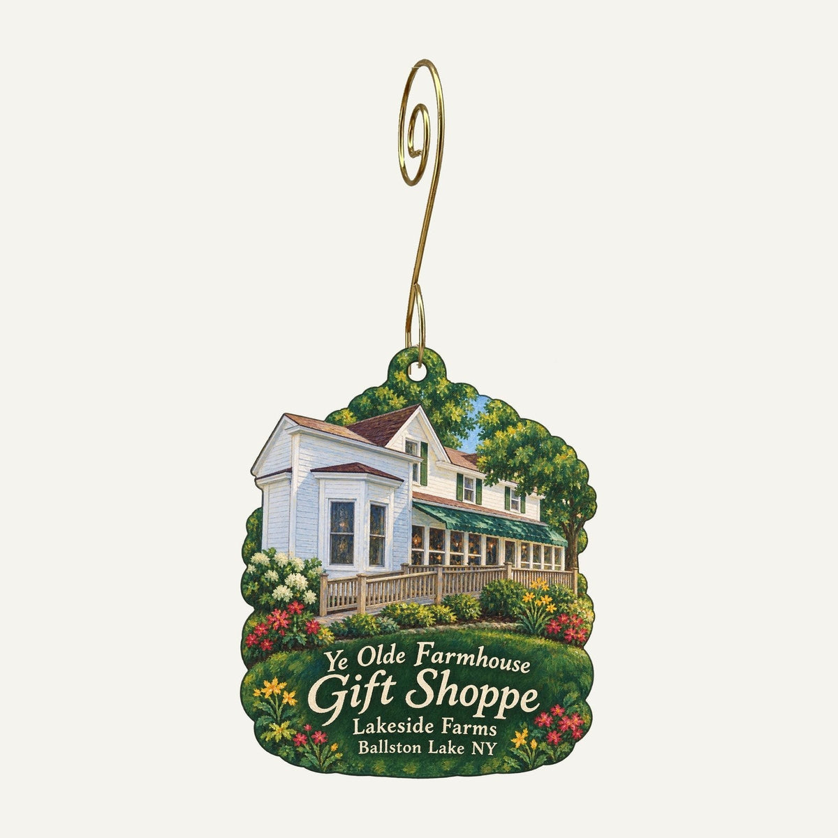 Ye Olde Farmhouse Gift Shoppe at Lakeside Farms Logo custom wood ornament OC341 hanging on hook