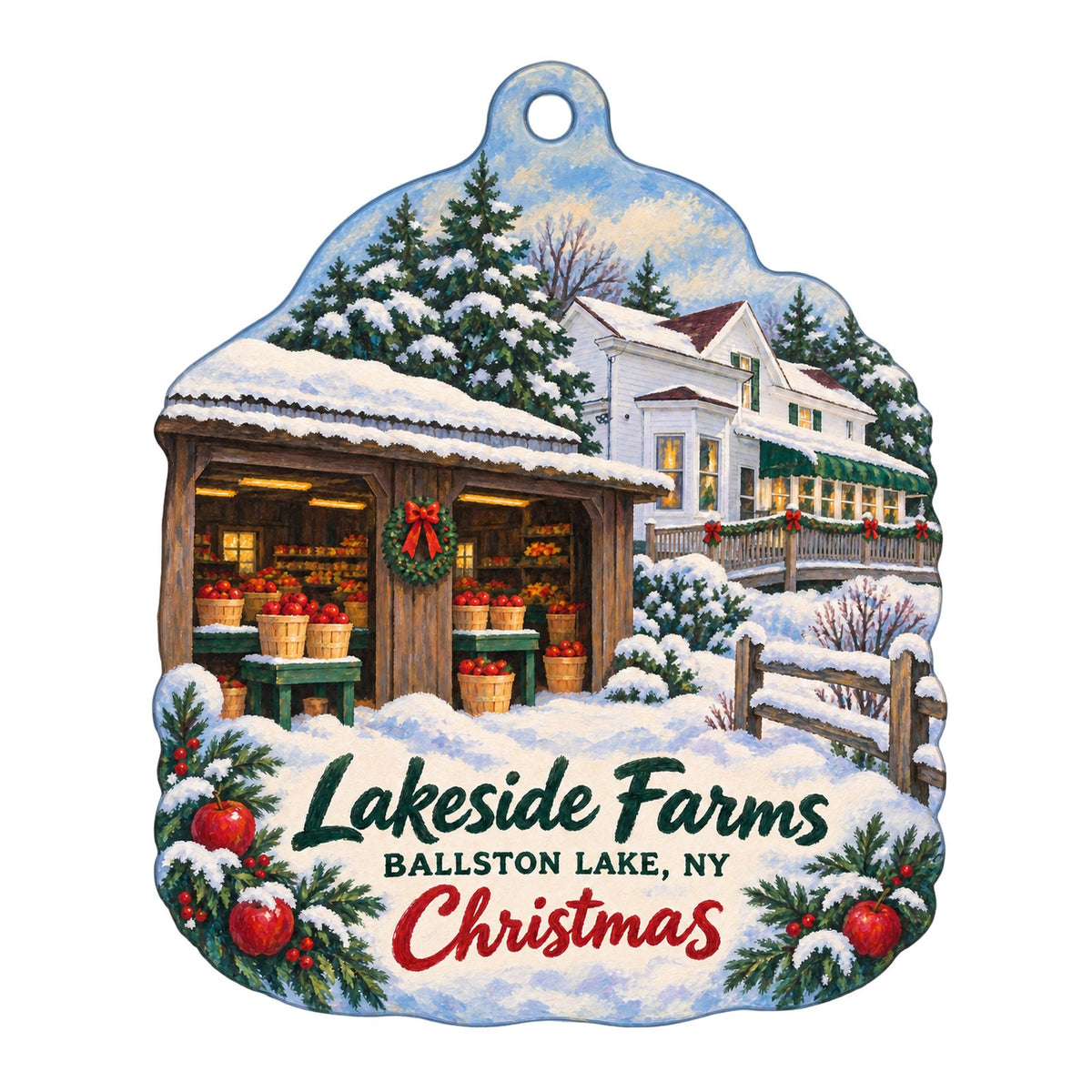 Ye Olde Farmhouse Gift Shoppe at Lakeside Farms Christmas custom wood ornament OC342 on white