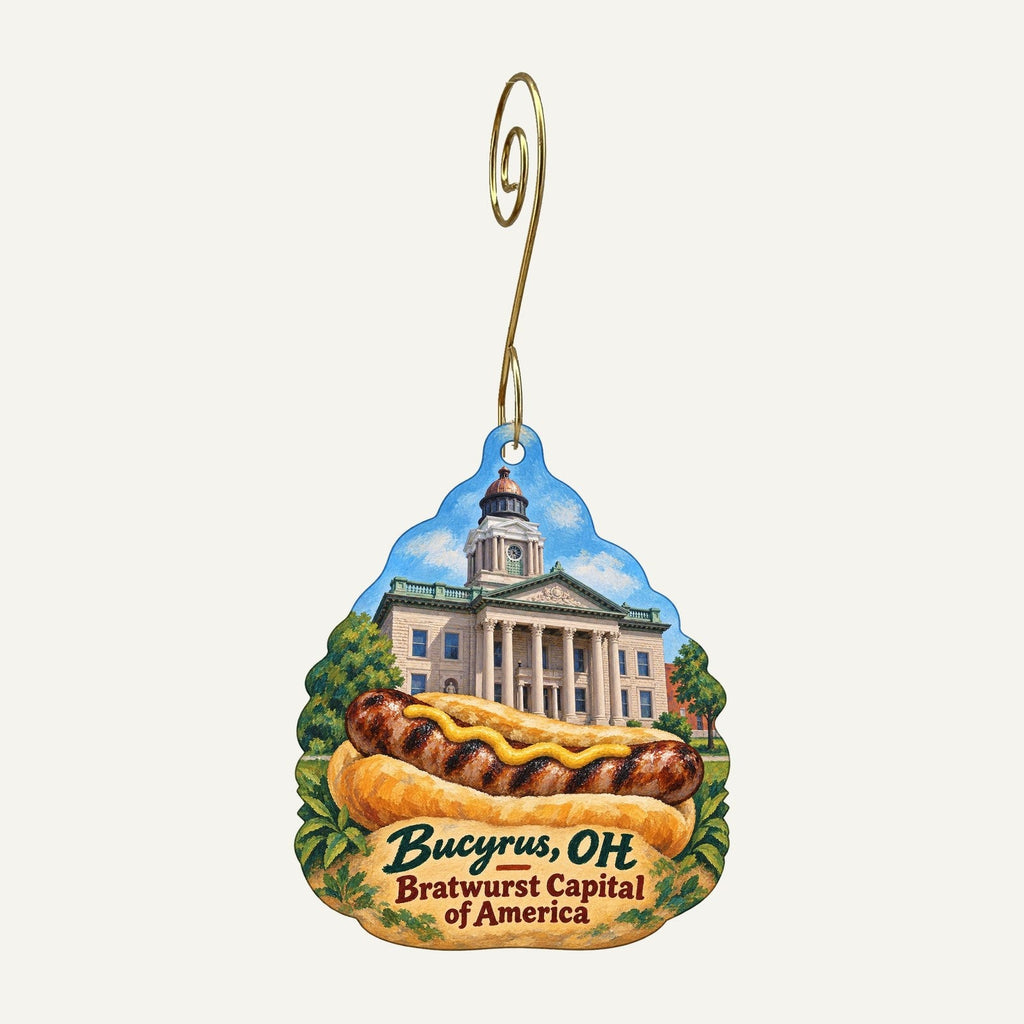 The Pickwick Place Town Icon custom wood ornament OC346 hanging on hook