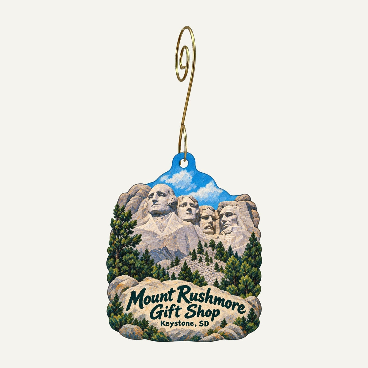 Mount Rushmore Gift Shop Logo custom wood ornament OC347 hanging on hook