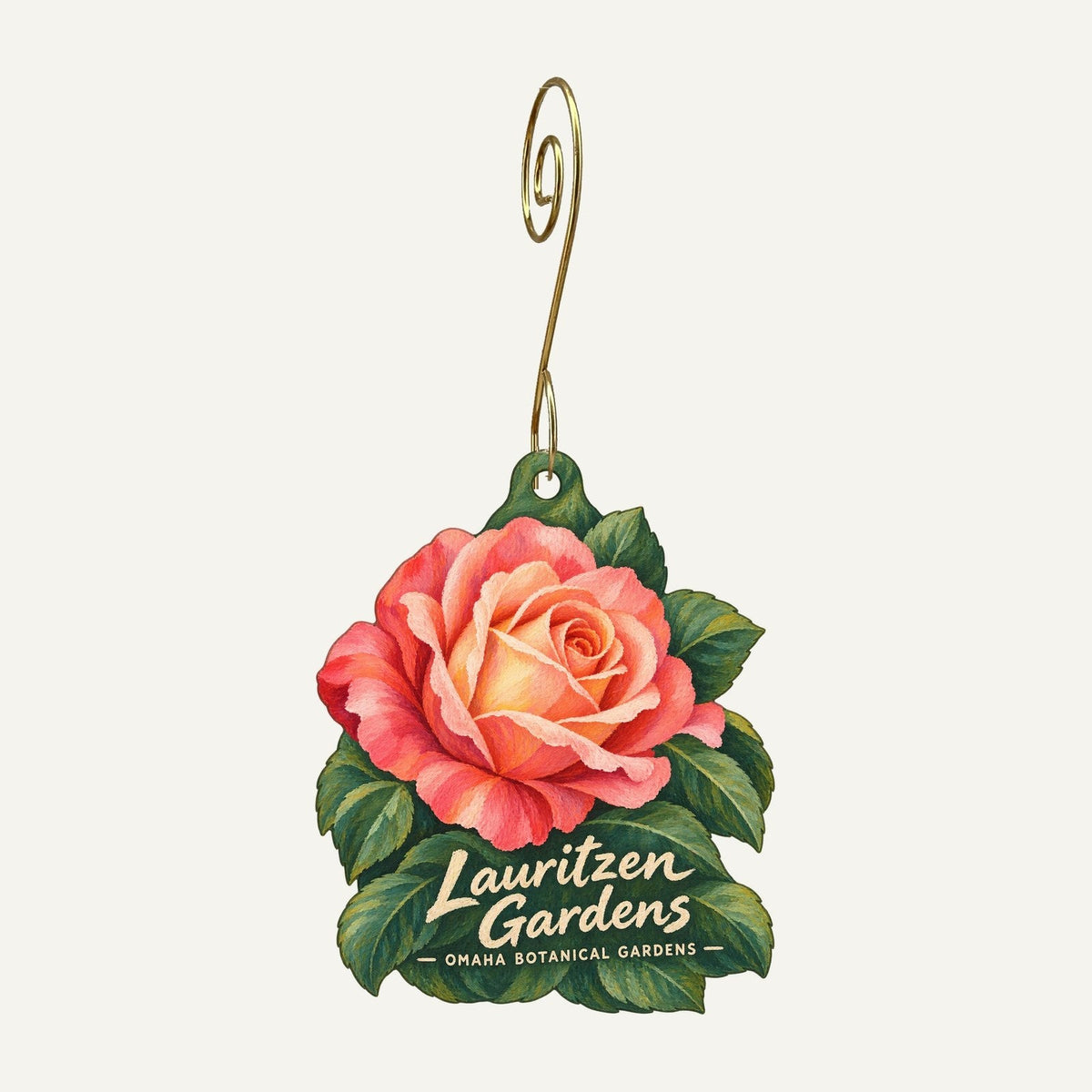 Lauritzen Gardens Logo custom wood ornament OC350 hanging on hook