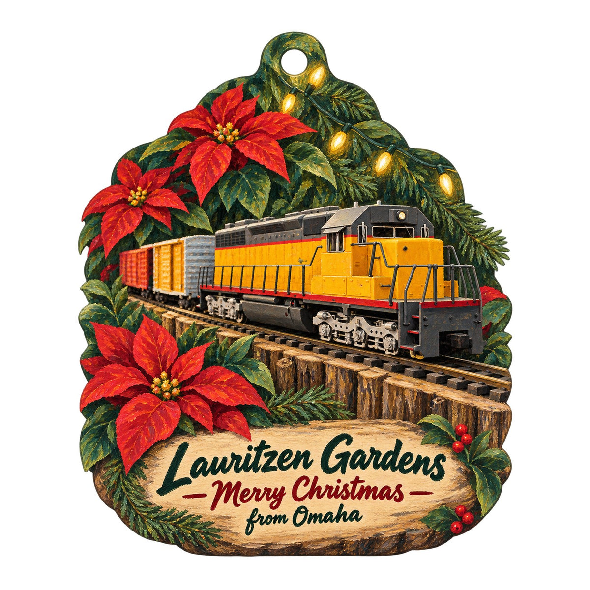 Lauritzen Gardens Christmas custom wood ornament OC351 on white