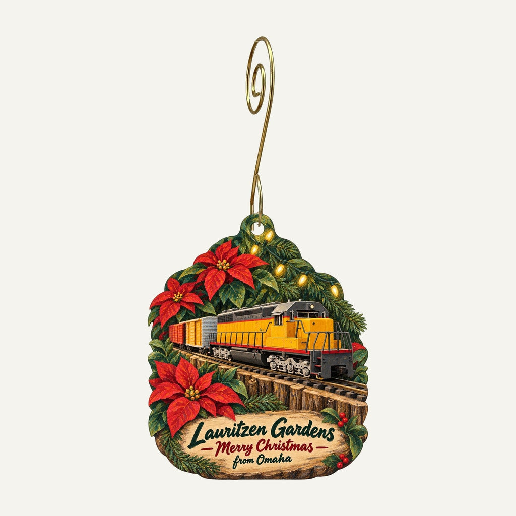 Lauritzen Gardens Christmas custom wood ornament OC351 hanging on hook