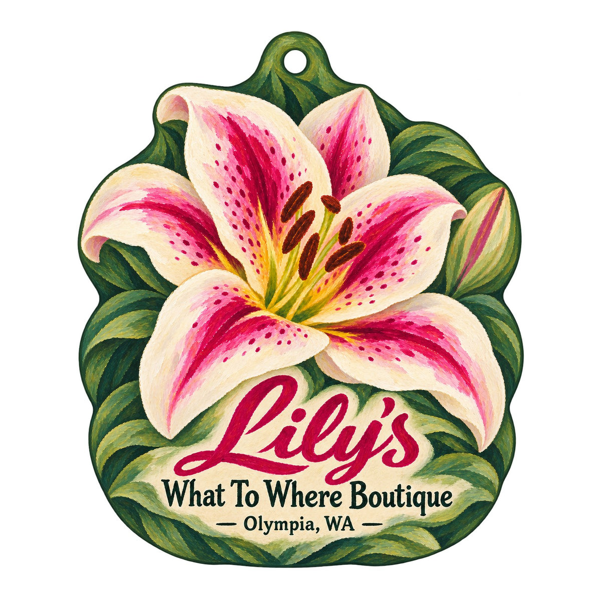 Lily's What To Where Boutique Logo custom wood ornament OC356 on white