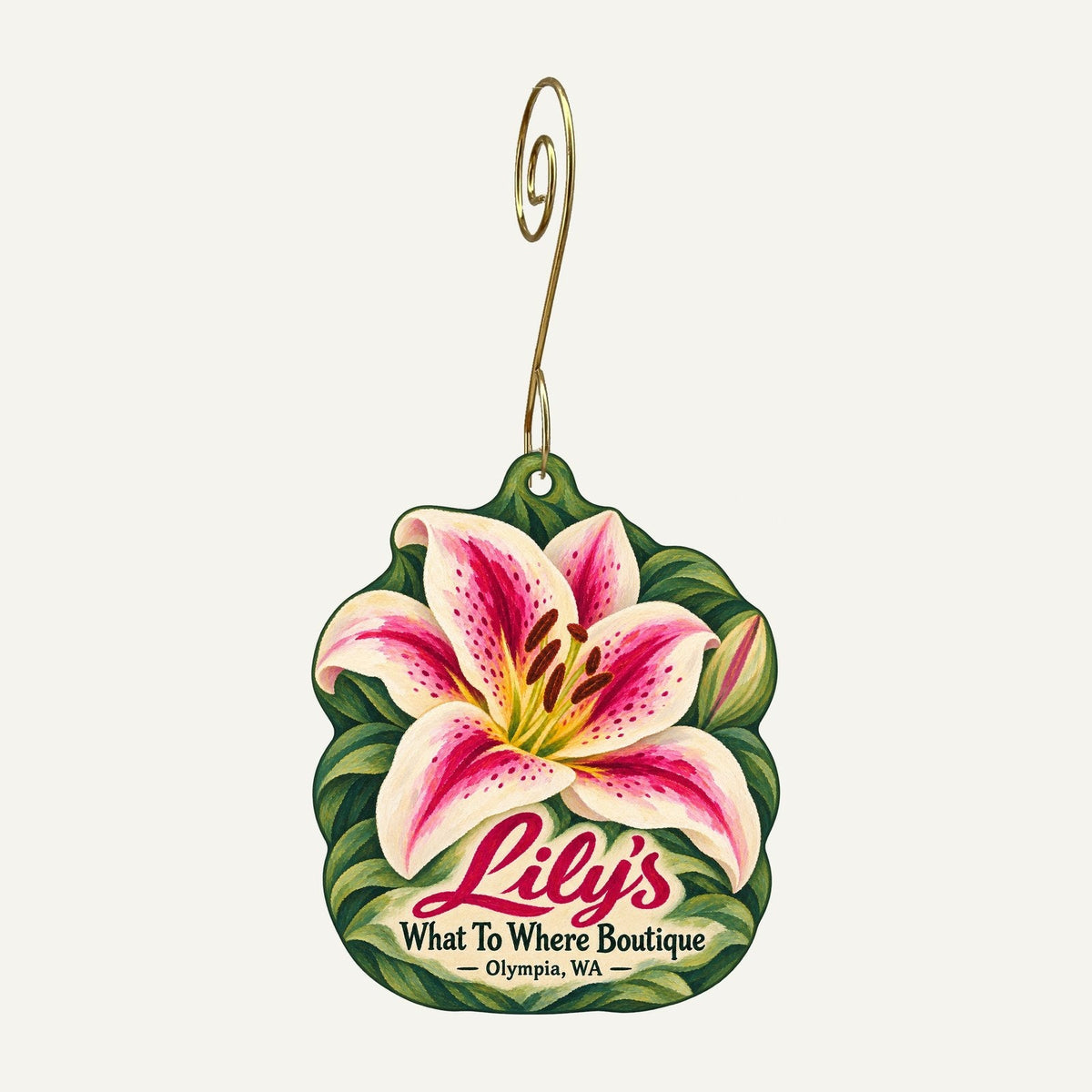 Lily's What To Where Boutique Logo custom wood ornament OC356 hanging on hook