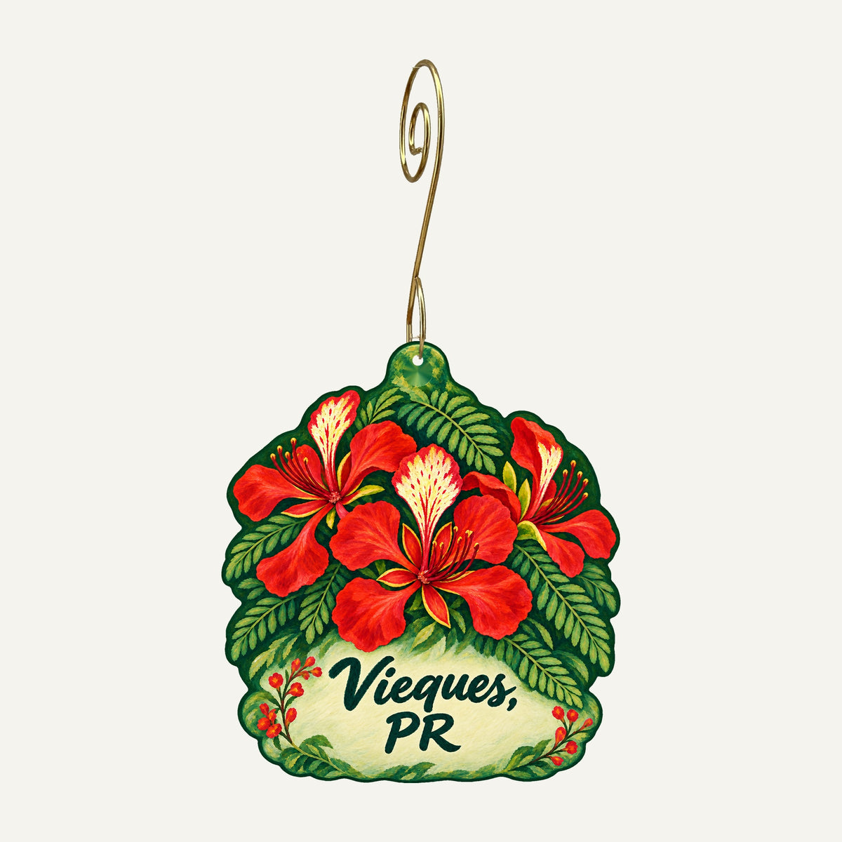 OC365 floral ornament revised to Vieques, PR, hanging on gold hook