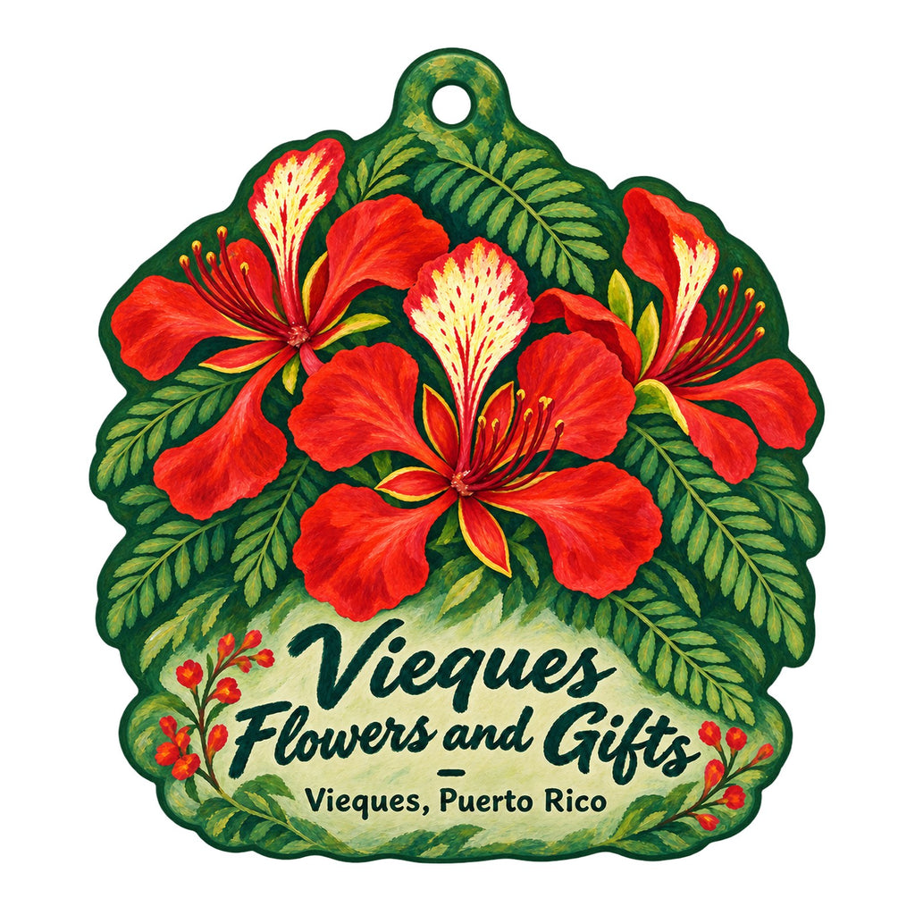 Vieques Flowers and Gifts Logo custom wood ornament OC365 on white